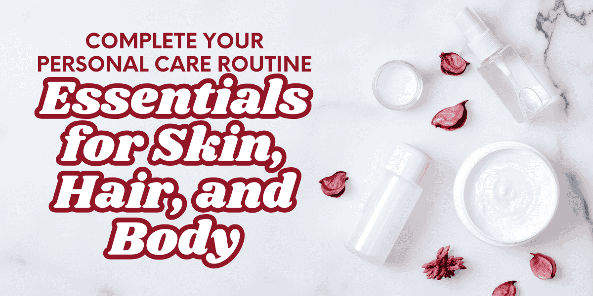 Personal care essentials for skin, hair, and body on a white marble surface with dried rose petals.