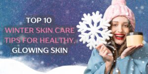 Smiling woman with a snowflake and moisturizer, showcasing winter skincare tips for glowing skin.