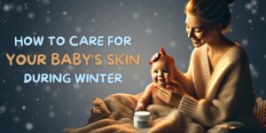 Mother caring for baby’s skin during winter, promoting skincare tips