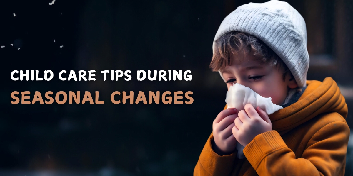 Child in warm clothes using a tissue, highlighting child care during seasonal changes