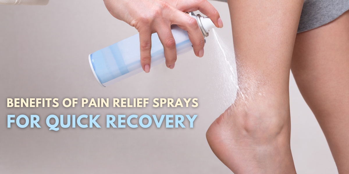 Applying pain relief spray on the ankle, highlighting its benefits for quick and targeted recovery